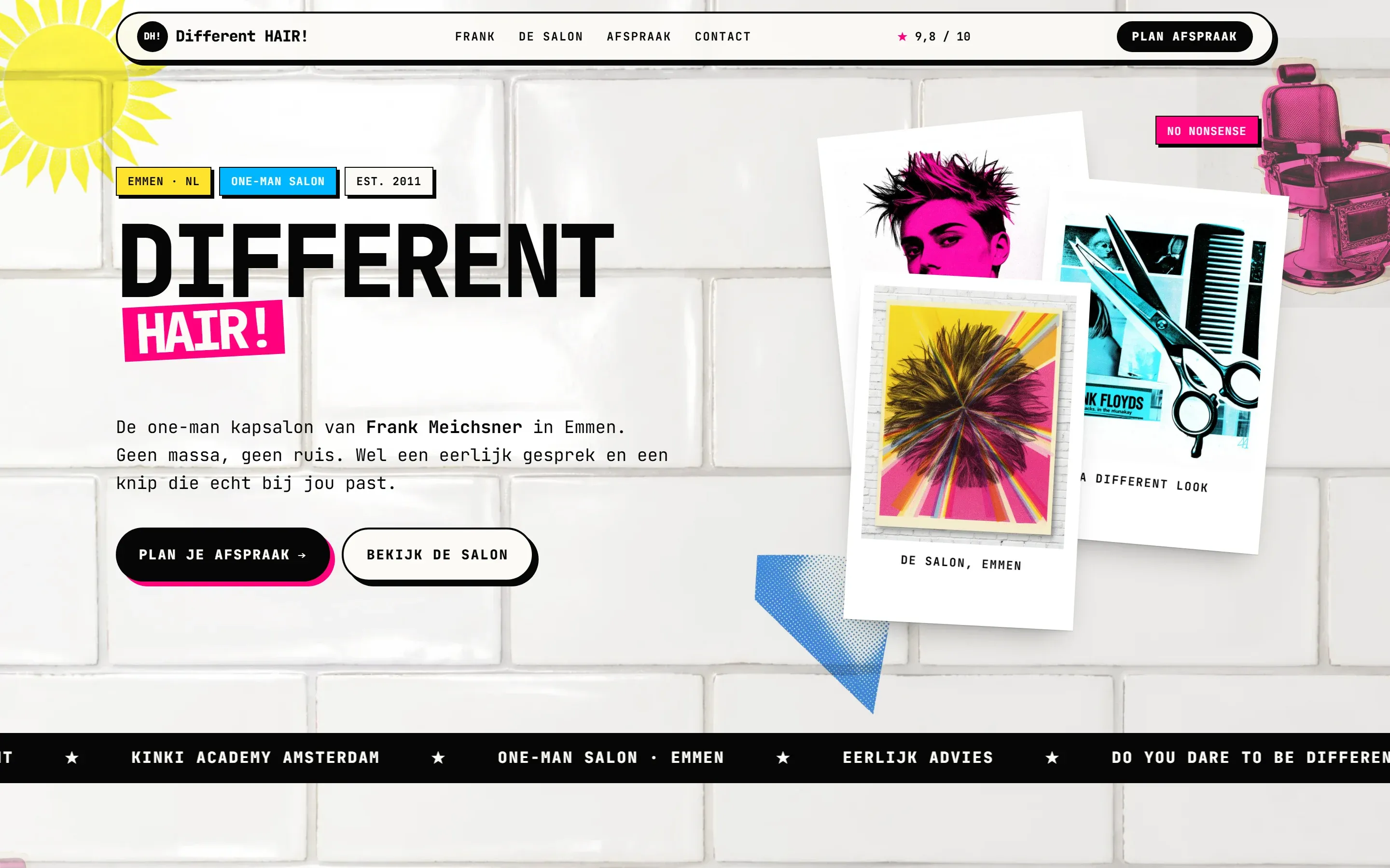 Screenshot van de live website van Different Hair! op desktop: een wit tegeltje als achtergrond, de grote kop 'Different Hair!', de knoppen 'Plan je afspraak' en 'Bekijk de salon' en een collage van polaroids.
