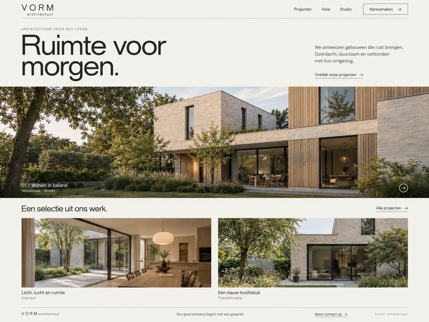 Demo-concept: homepage van het fictieve architectenbureau VORM architectuur op desktop, met de kop 'Ruimte voor morgen.', een grote foto van een moderne woning en twee uitgelichte projecten.