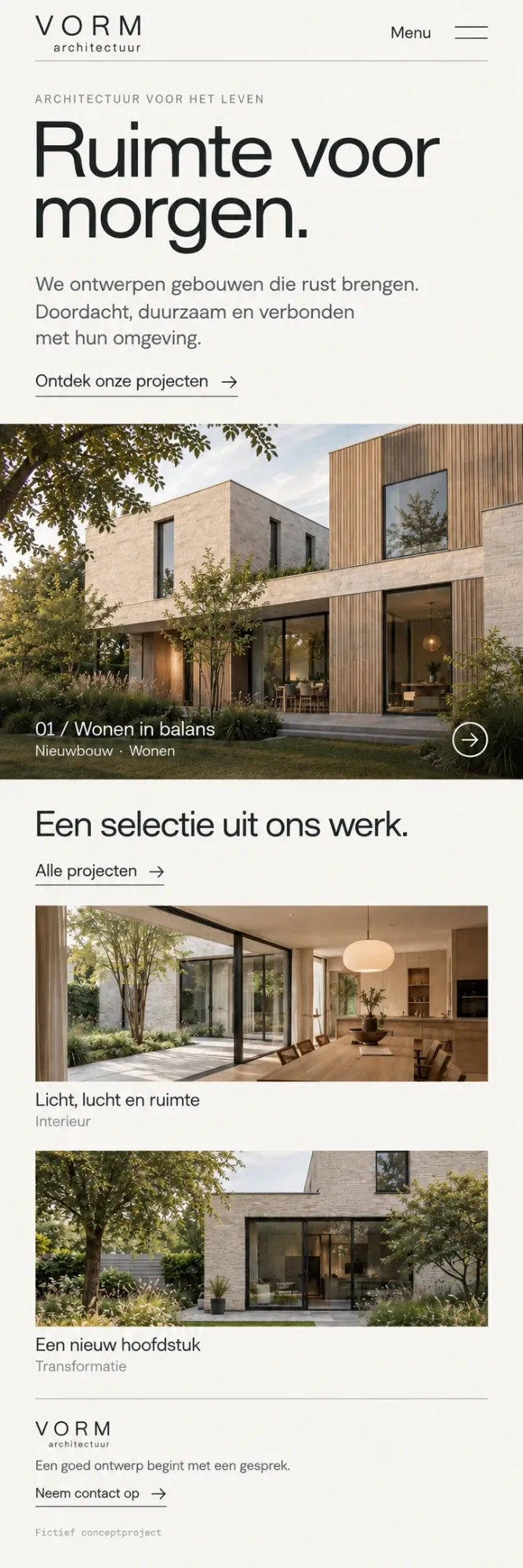 Demo-concept: dezelfde homepage van VORM architectuur op mobiel, met de projecten onder elkaar.